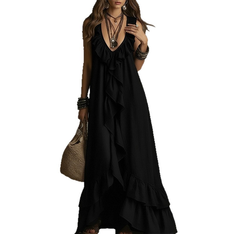 French Vintage Sleeveless Ruffle V-Neck Dress
