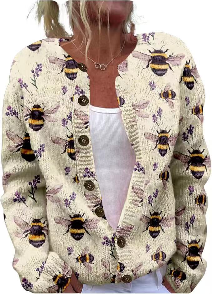 Women's Floral Leopard Snowflake Leaf Print Button Cardigan Sweater