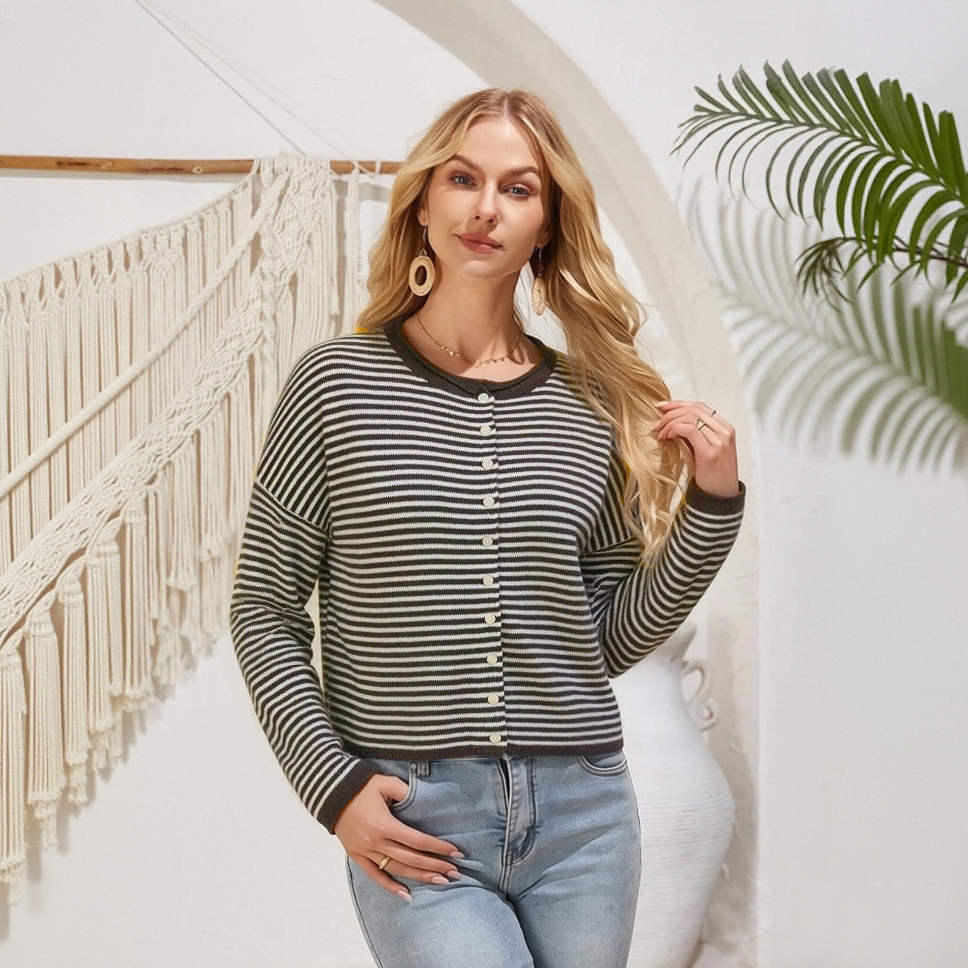 Striped Knit Cardigan Women's Loose Crew Neck Single-Breasted Long Sleeve Casual Outerwear