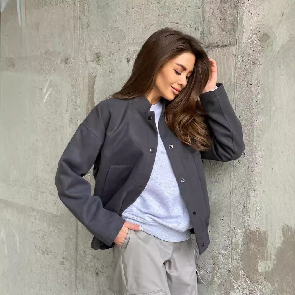 Women's Casual Stand Collar Button-Up Long Sleeve Jacket