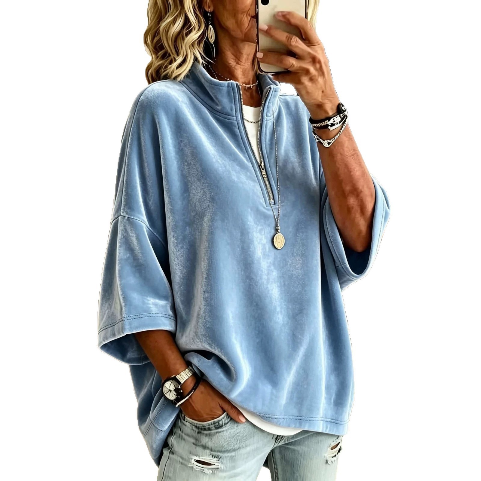 Women's Velvet Zip-Up Top with 7/8 Sleeves and High Neck