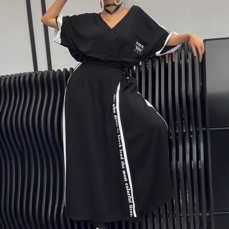 V-Neck Colorblock Short Sleeve Top and Loose Pants Set