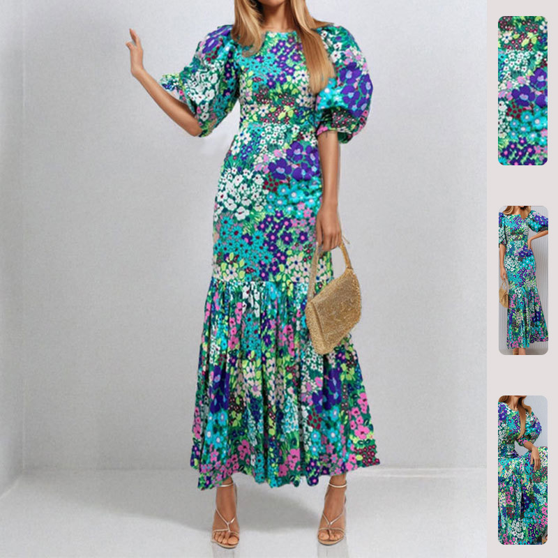 Women's Printed Pleated Long Dress with Cinched Waist and Slim Fit