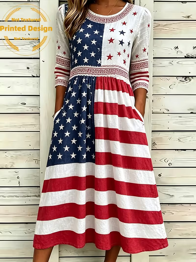 Women's Colorblock Plaid Star Print Ruched Midi Dress