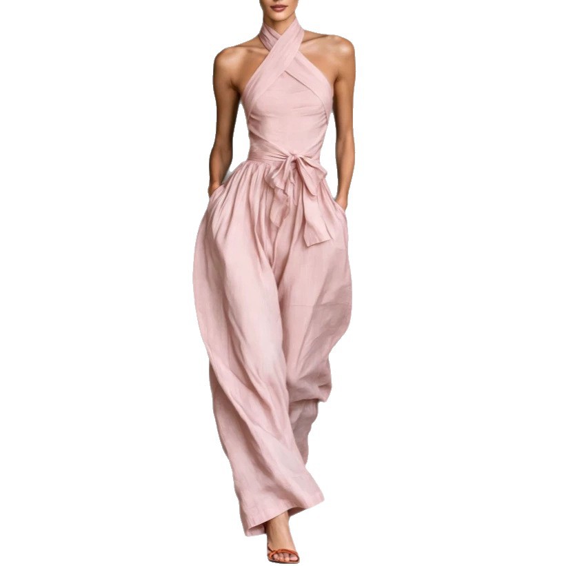 Women's Linen Sleeveless Halter Cross-Tie Wide-Leg Jumpsuit