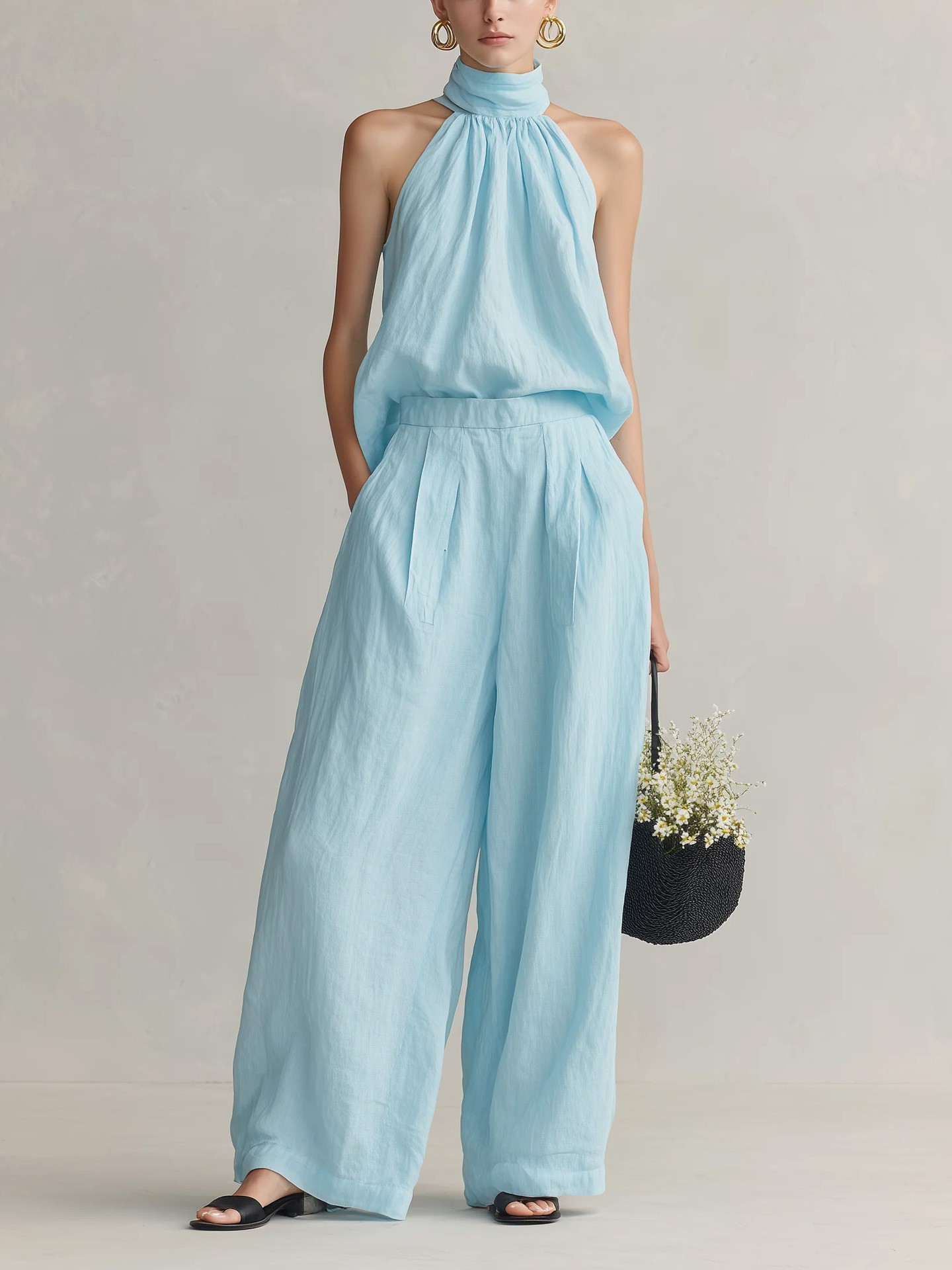 Women's Sleeveless Round Neck Top and Pants Set