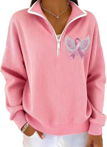 Wing Ribbon Print Half-Zip Stand Collar Hoodie