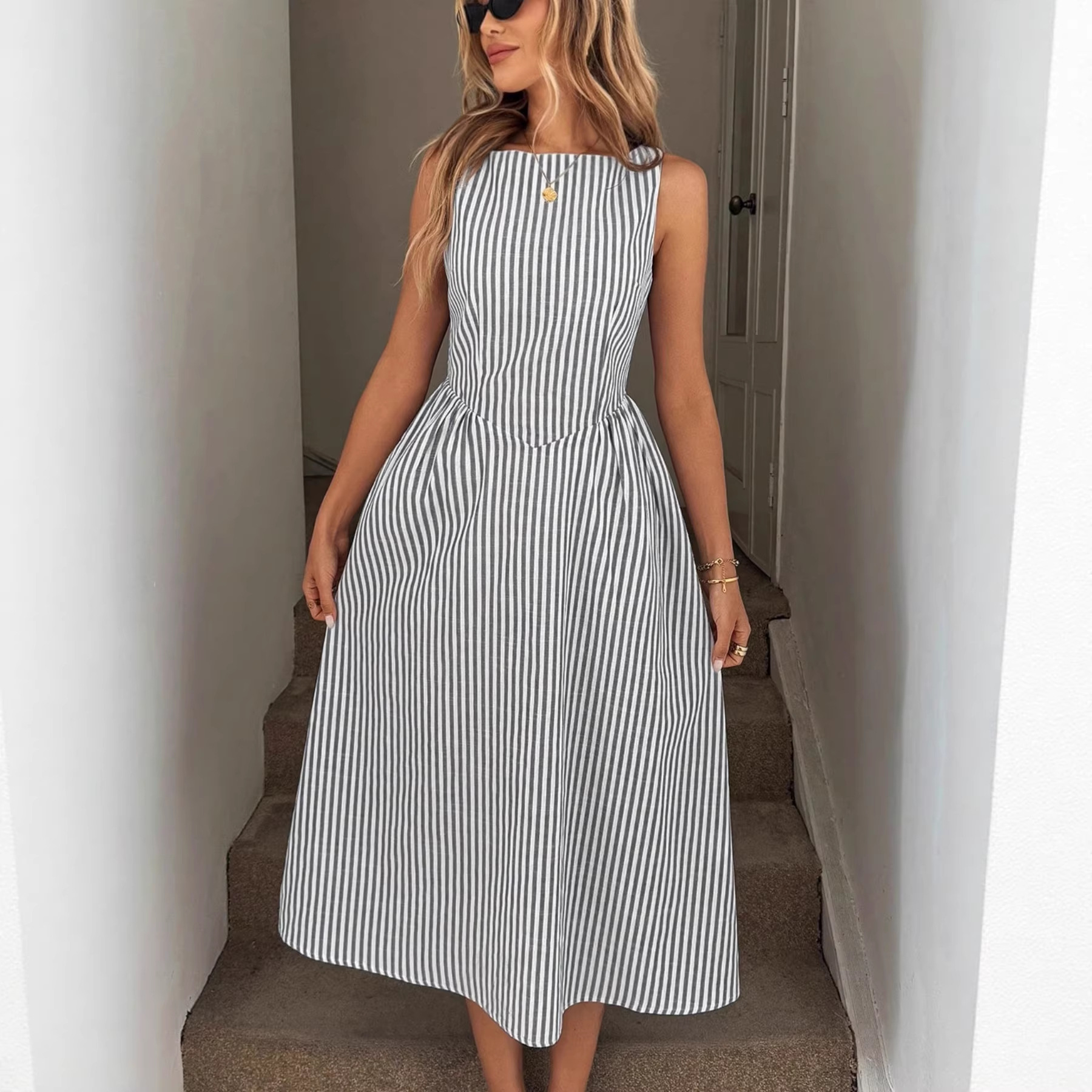 Striped Round Neck Cinched Waist Slimming Long Dress