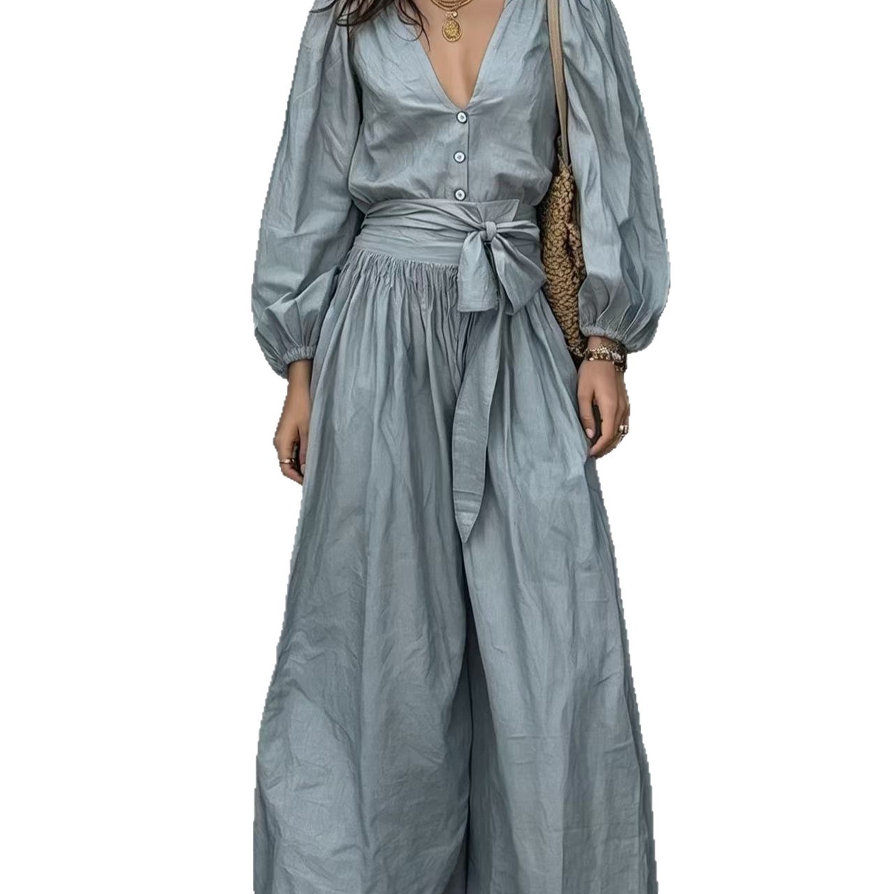 V-Neck Long-Sleeve Tie-Waist Pleated Pants Set