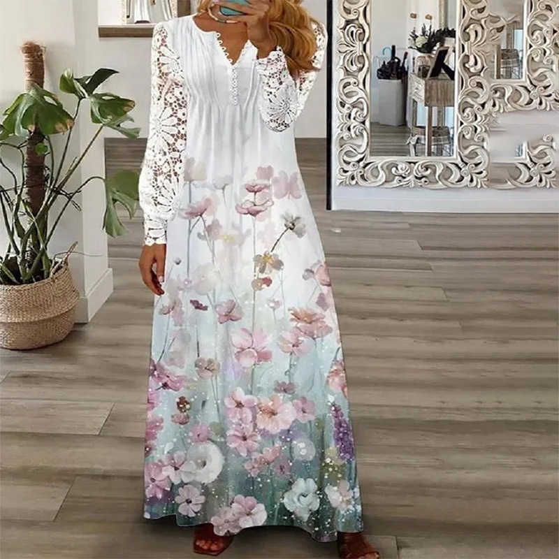 Floral Print Lace Long Sleeve Dress