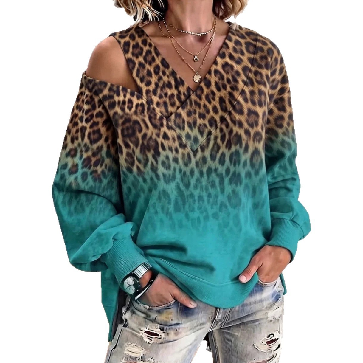 Leopard Print Off-Shoulder V-Neck Long-Sleeve Loose Top