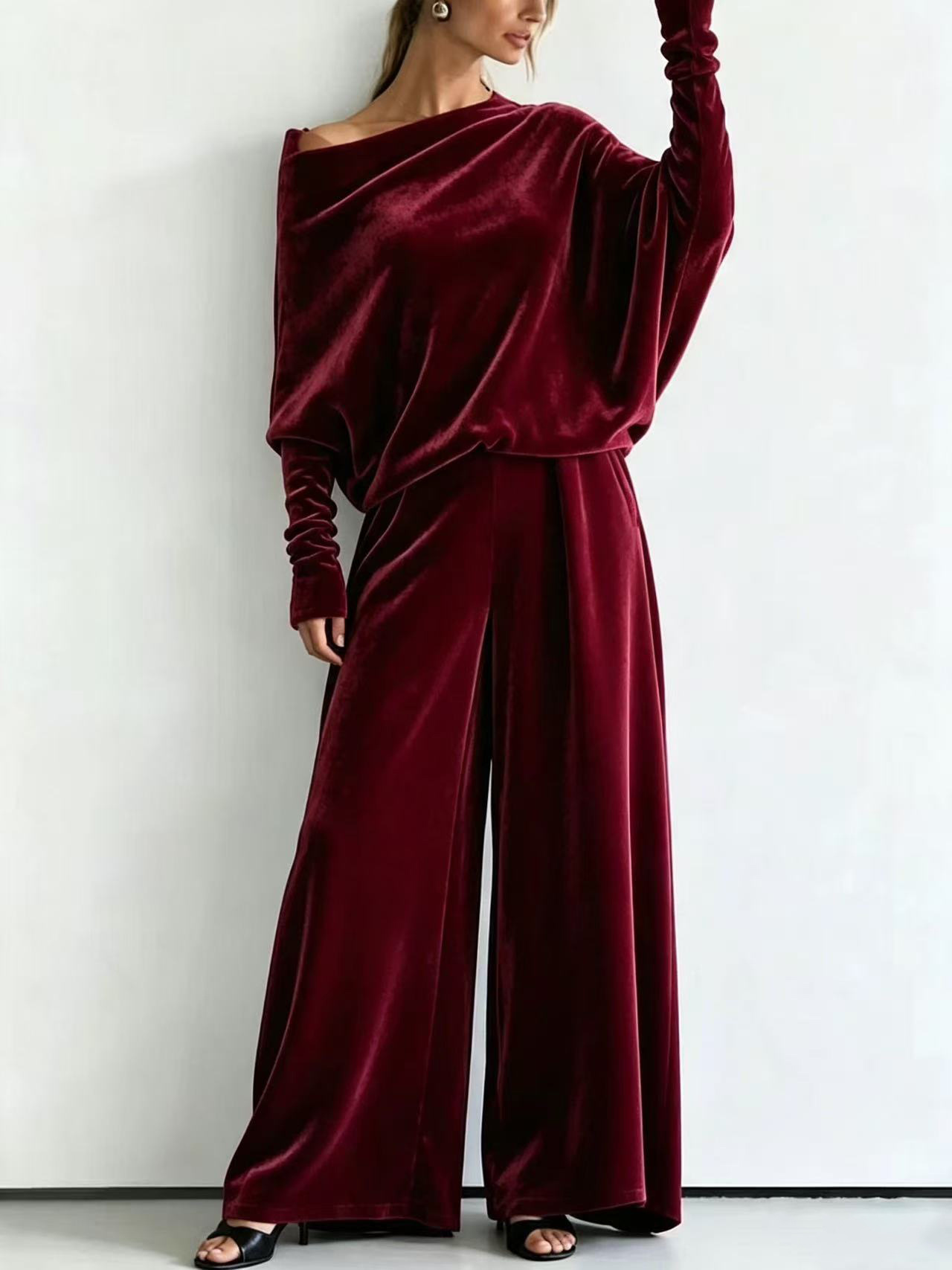 Velvet One-Shoulder Batwing Sleeve Top & High-Waist Wide-Leg Pants Set