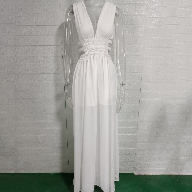 Women's Deep V-Neck Backless Maxi Dress with Flared Skirt