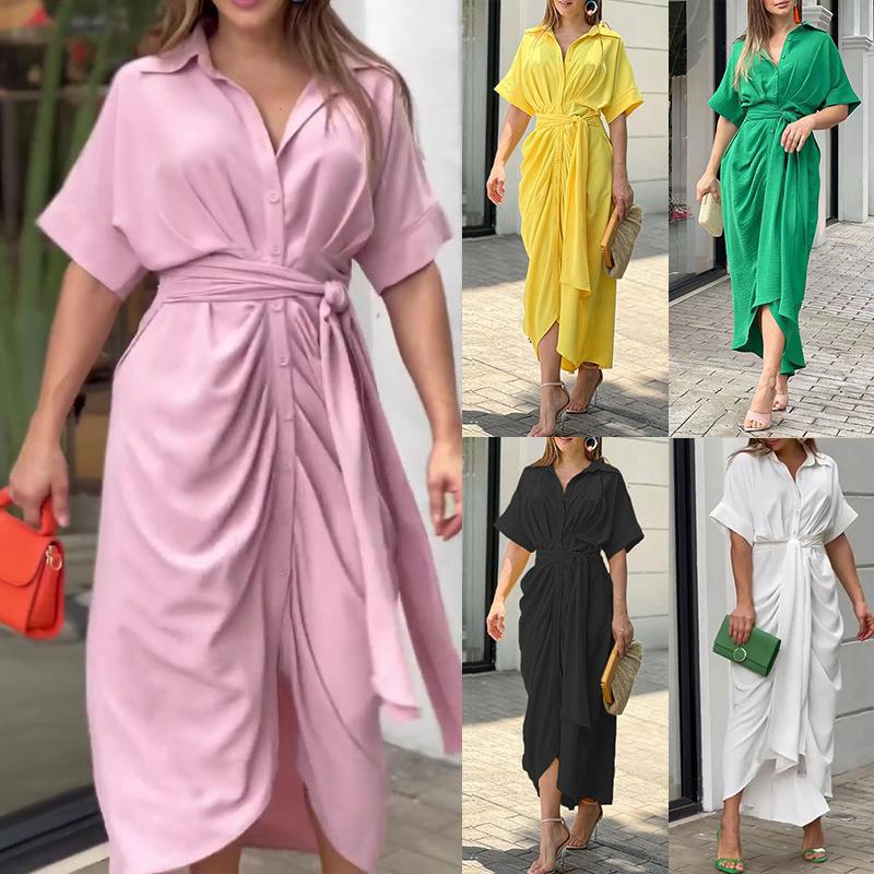 Women's High-Waist Collared Long Shirt Dress