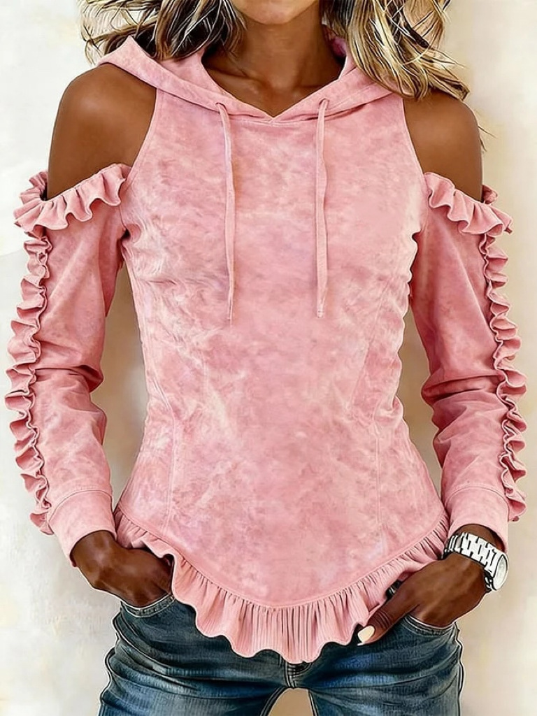 Women's Off-Shoulder Long-Sleeve Drawstring Ruffle Hoodie