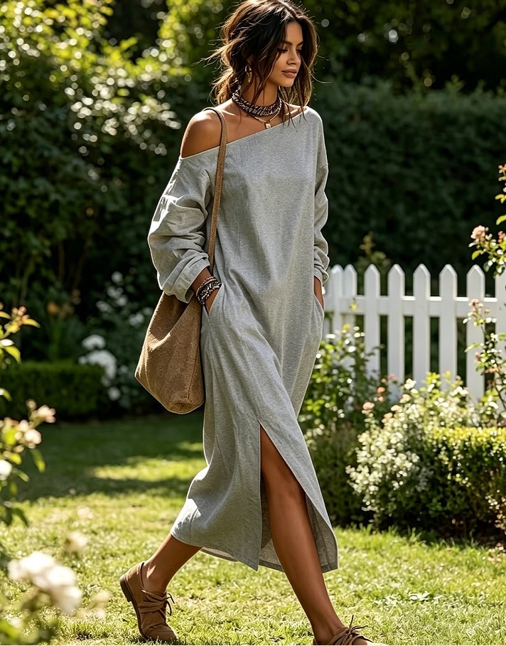 Boho Off-Shoulder Long-Sleeve Maxi Dress with Pockets