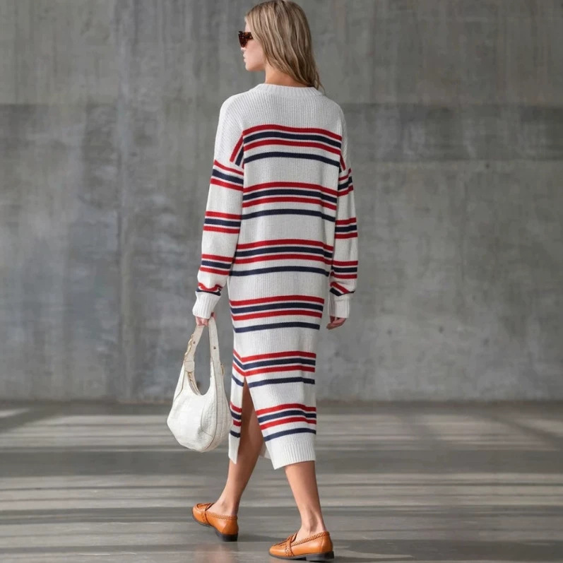 Retro Striped Long Sleeve Slit Midi Dress