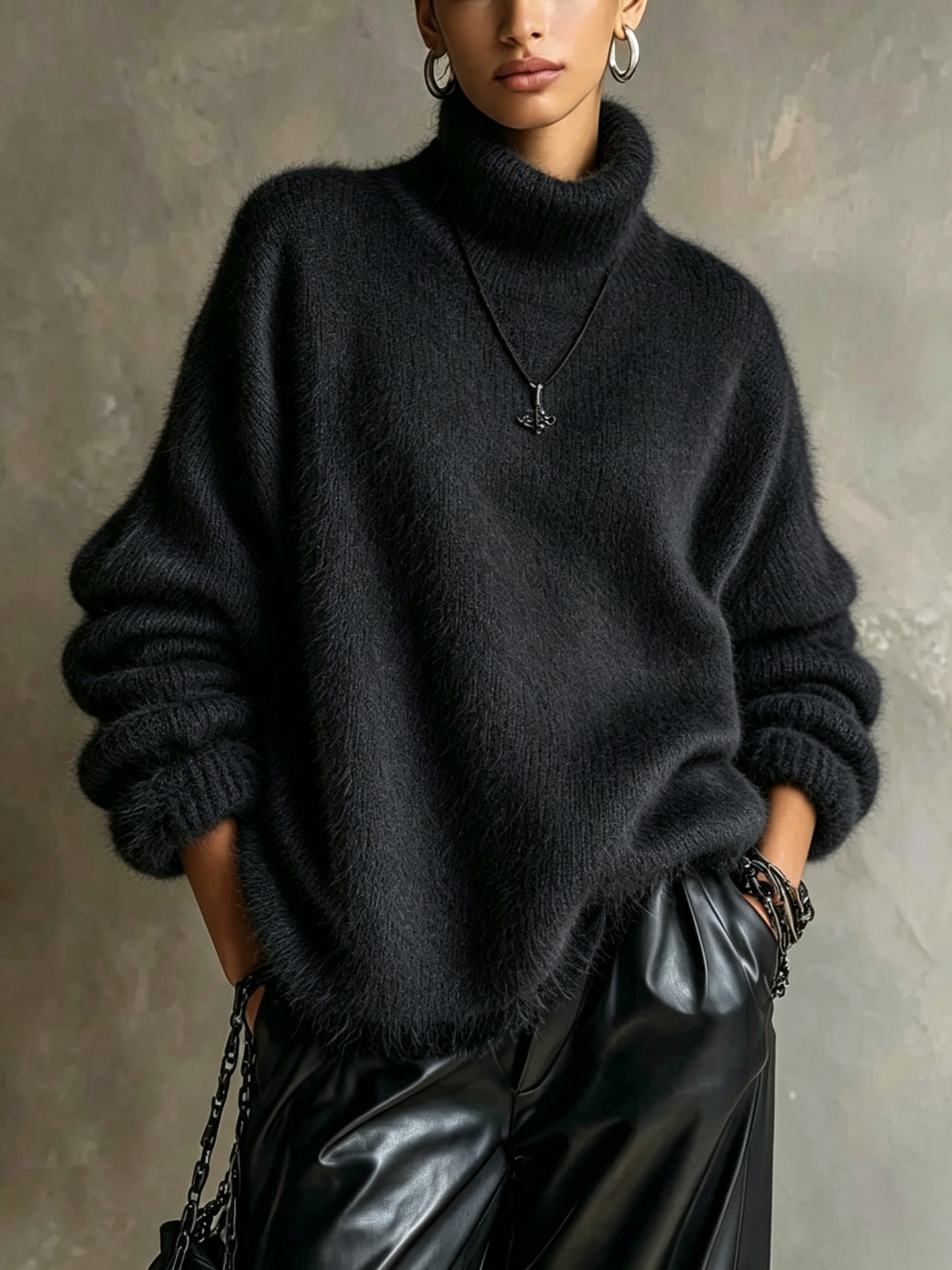Women's Oversized Fuzzy High-Neck Knit Sweater