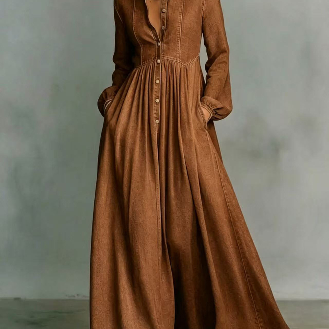 Women's Denim Maxi Dress with Asymmetric One-Shoulder and Flared Skirt