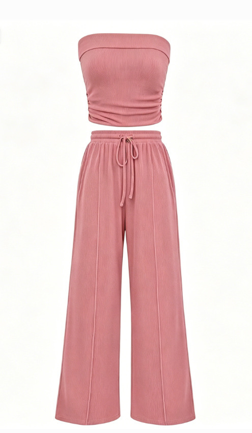 Women's Solid Color Strapless Top and Pants Set Casual Vacation Outfit