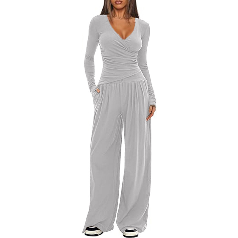 Women's Wide-Leg Pants Set Long Sleeve Solid Color Two-Piece Outfit