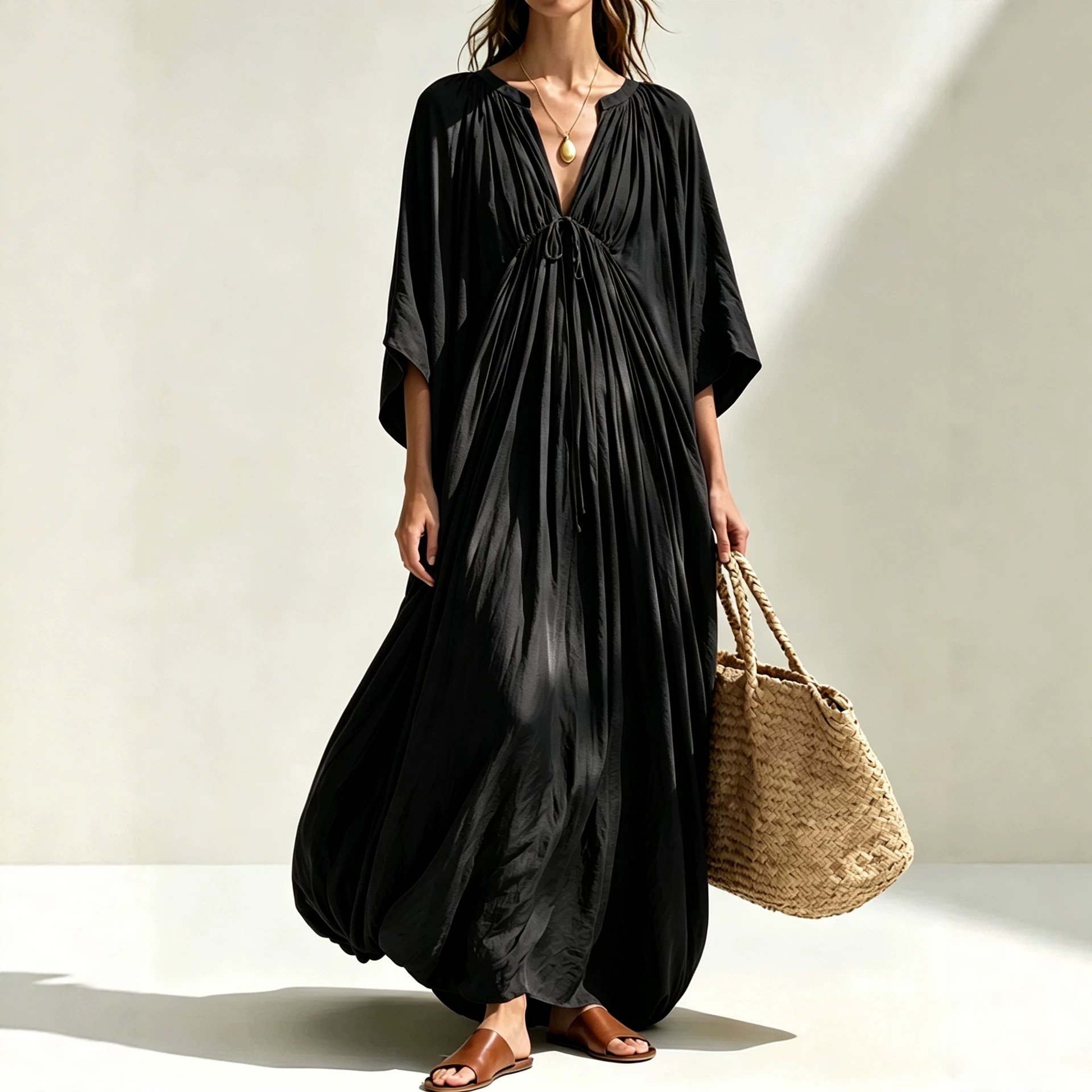 V-Neck Pleated Solid Color Loose Casual Dress