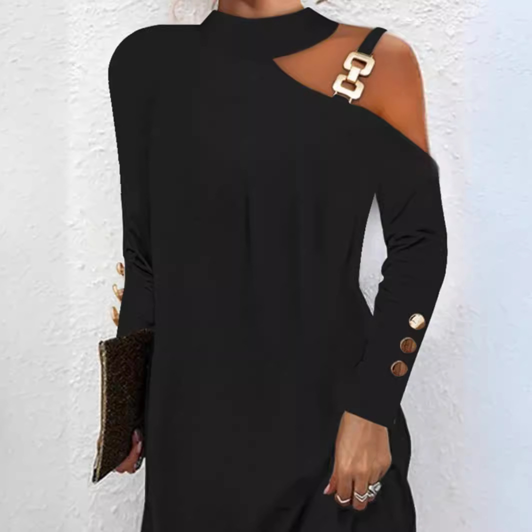 Women's Halter Neck Button Dress with Metal Accents