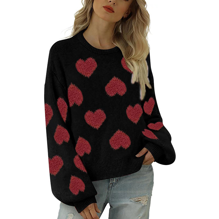 Puff Sleeve Heart Jacquard Pullover Sweater