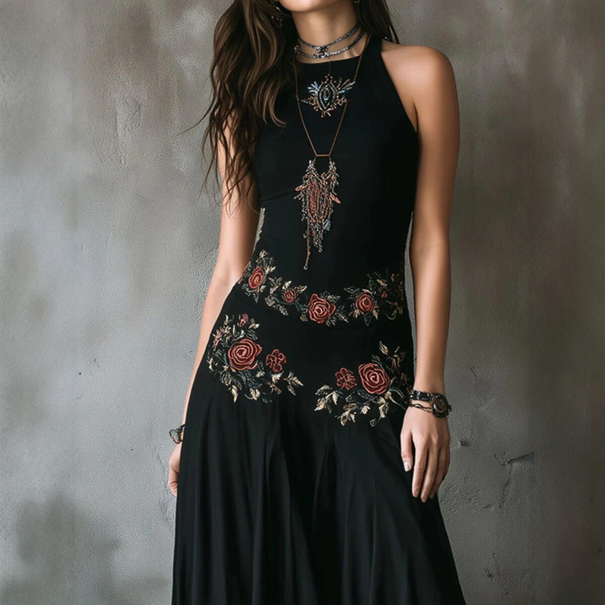 Retro Embroidered Black High-Waist Asymmetric Hem Long Dress