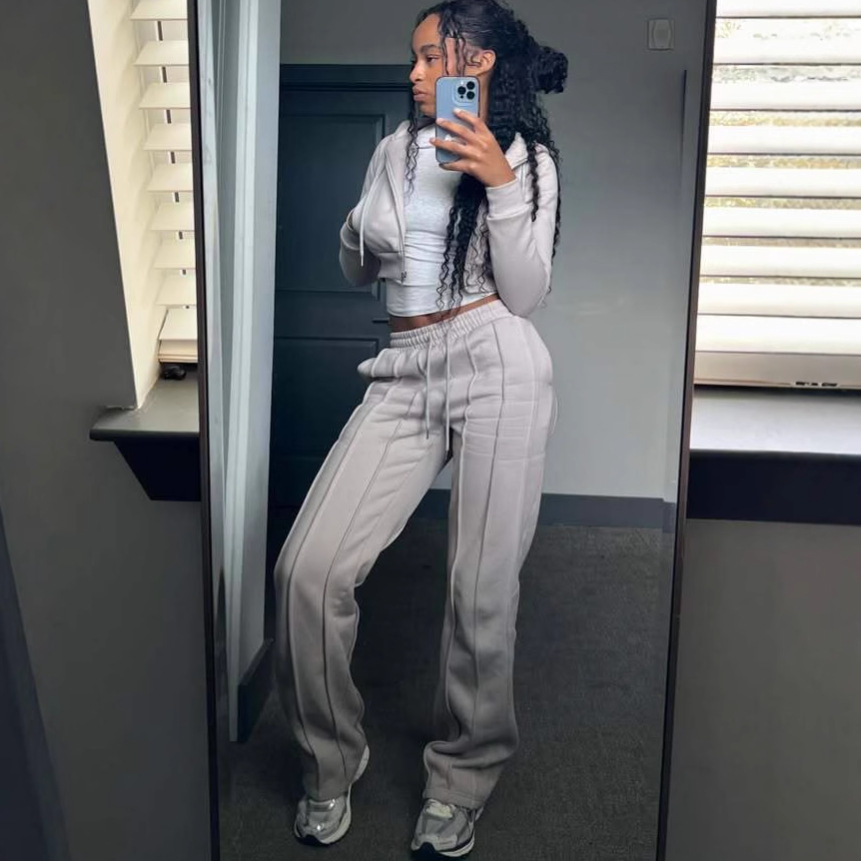 Women's Zip-Up Hoodie and Pants Set Solid Color Knit Lounge Set