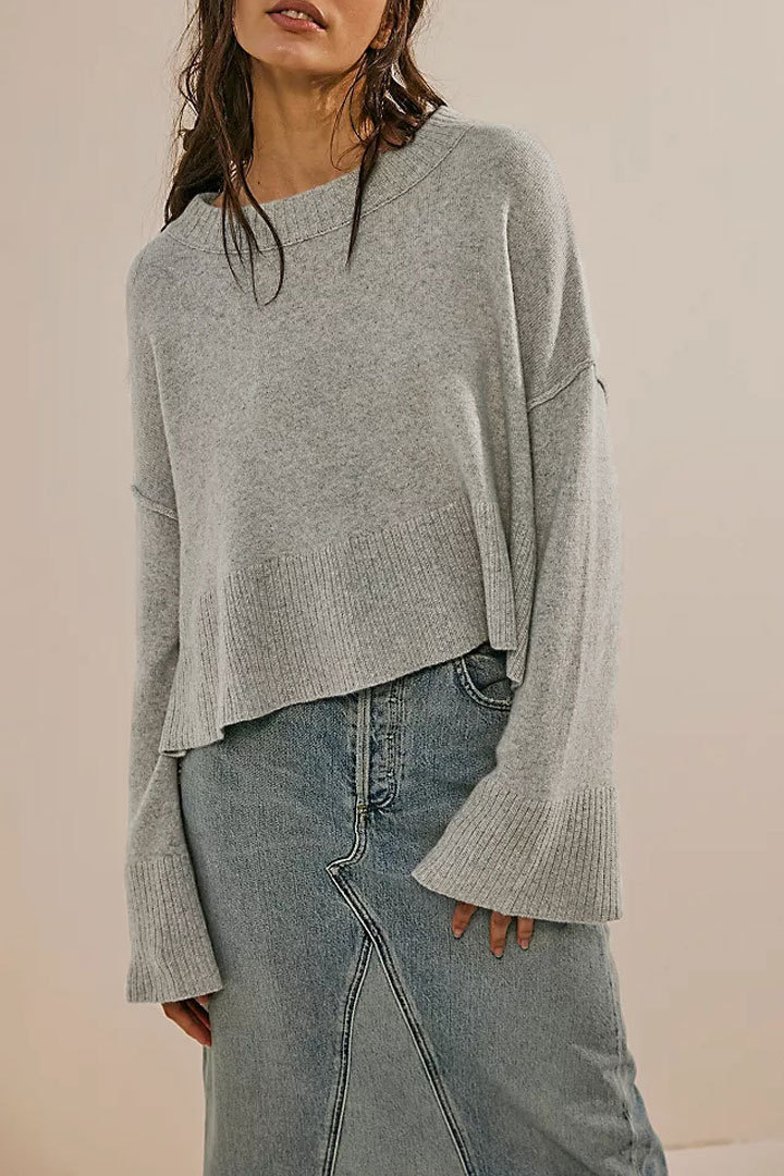 Solid Crewneck Bell Sleeve Knit Pullover Sweater