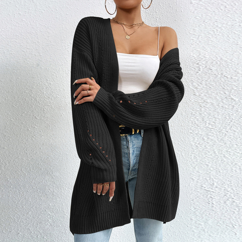 Women's Loose Mid-Length V-Neck Cardigan Sweater Coat Solid Knit
