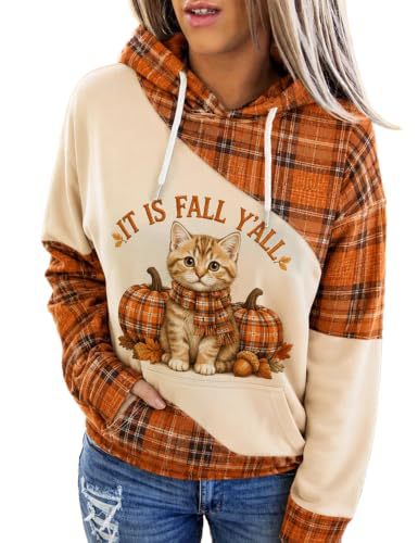 Plaid Cat & Pumpkin Print Hooded Sweatshirt for Women