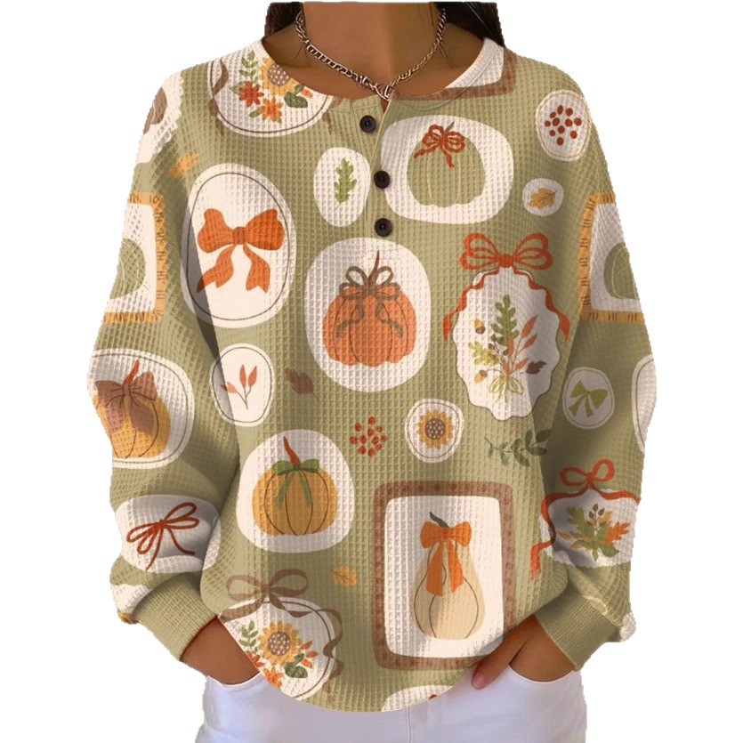 Women's Plaid Pumpkin Floral Butterfly Print Button Sweatshirt