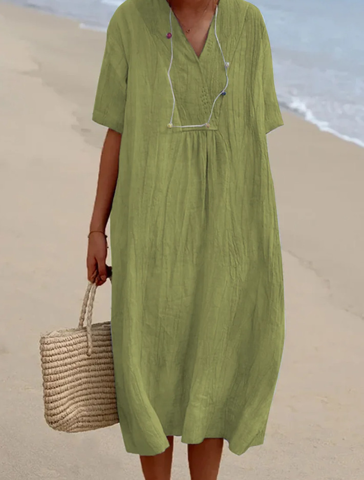 Women's Solid Cotton-Linen Casual Slimming Dress