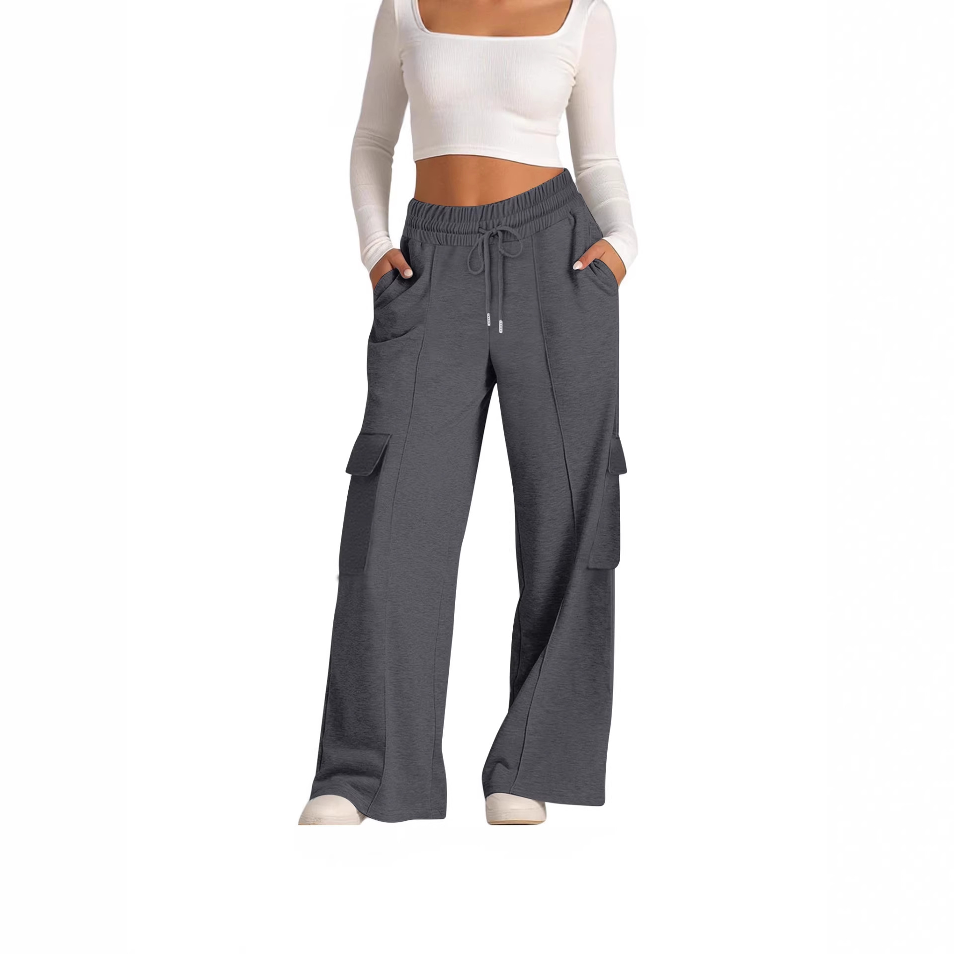 Women's Loose Wide-Leg Cargo Pants with Elastic Waist Drawstring Pockets