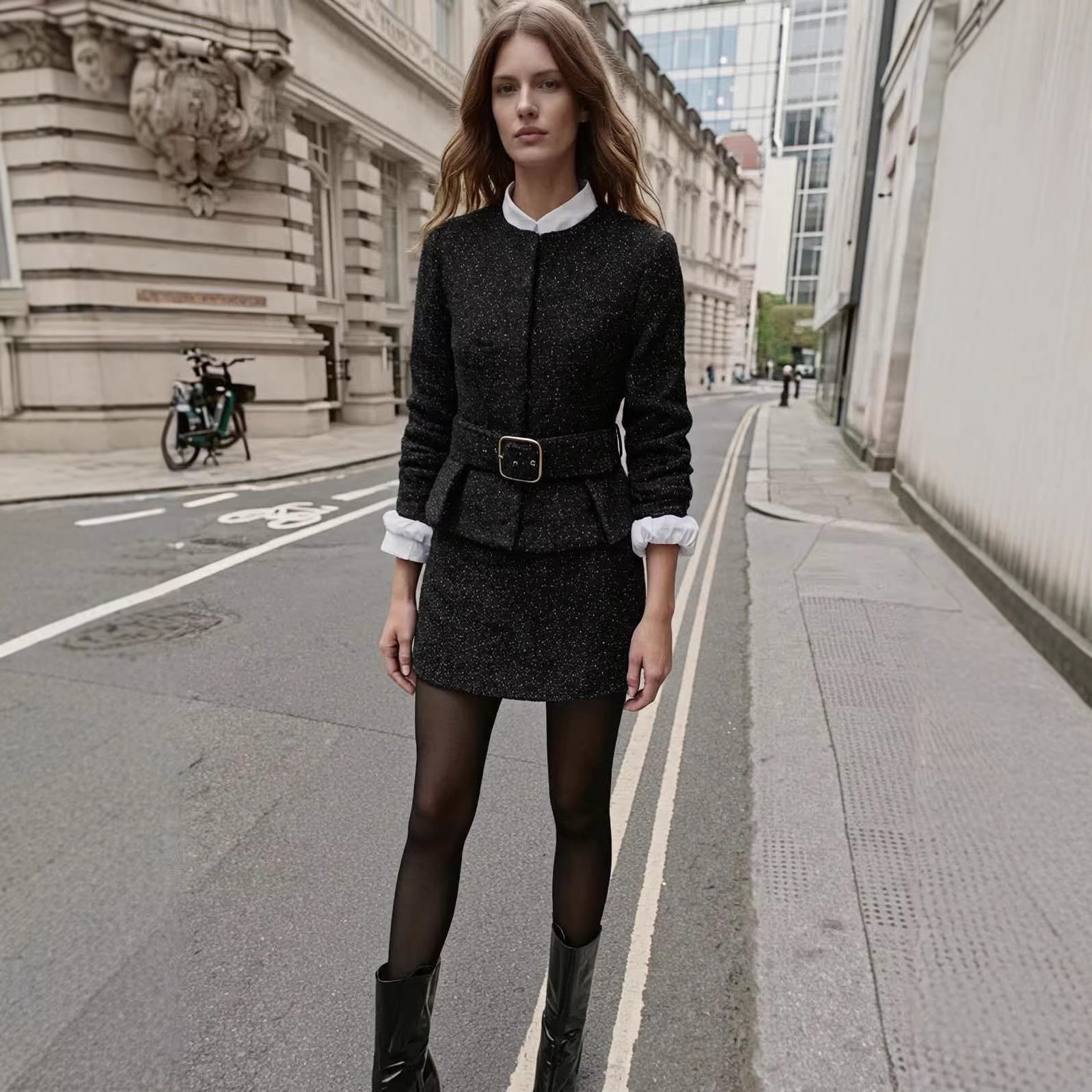 Elegant Textured Blazer and High-Waist Shorts Set with Belt