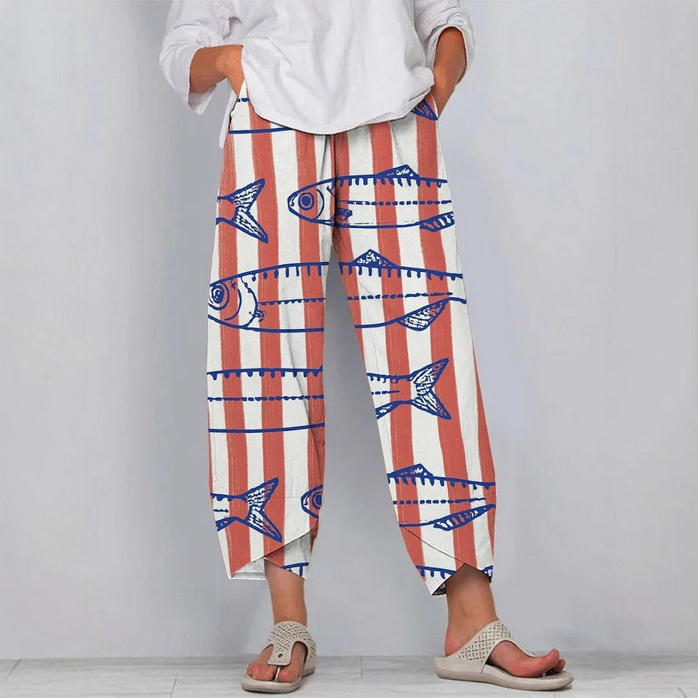 Women's Striped Fish Print Jogger Pants Casual Tapered-Leg