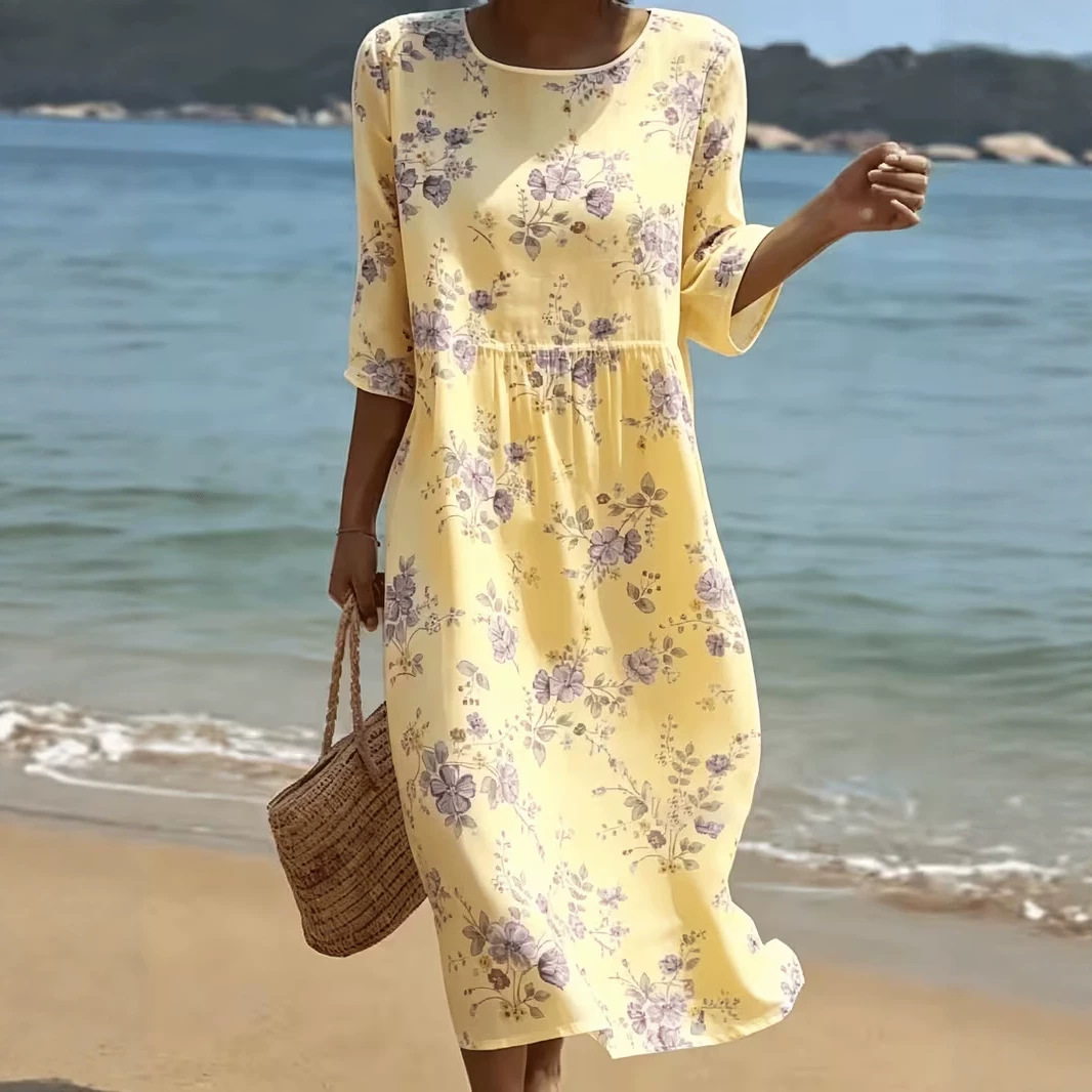 Women's Floral Print Ruched Midi Dress Crew Neck Half Sleeve