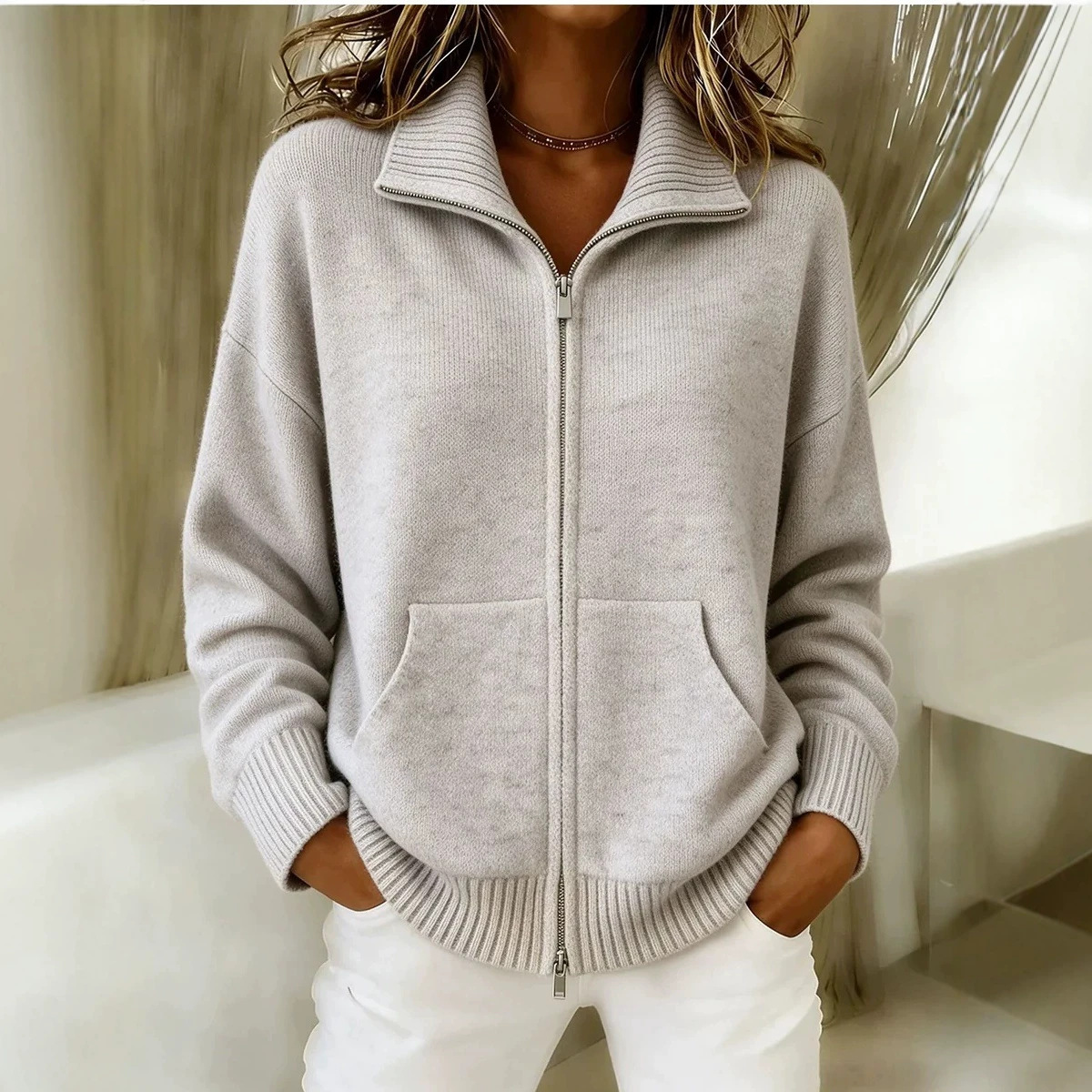 Women's Knit Polo Collar Zip-Up Sweatshirt