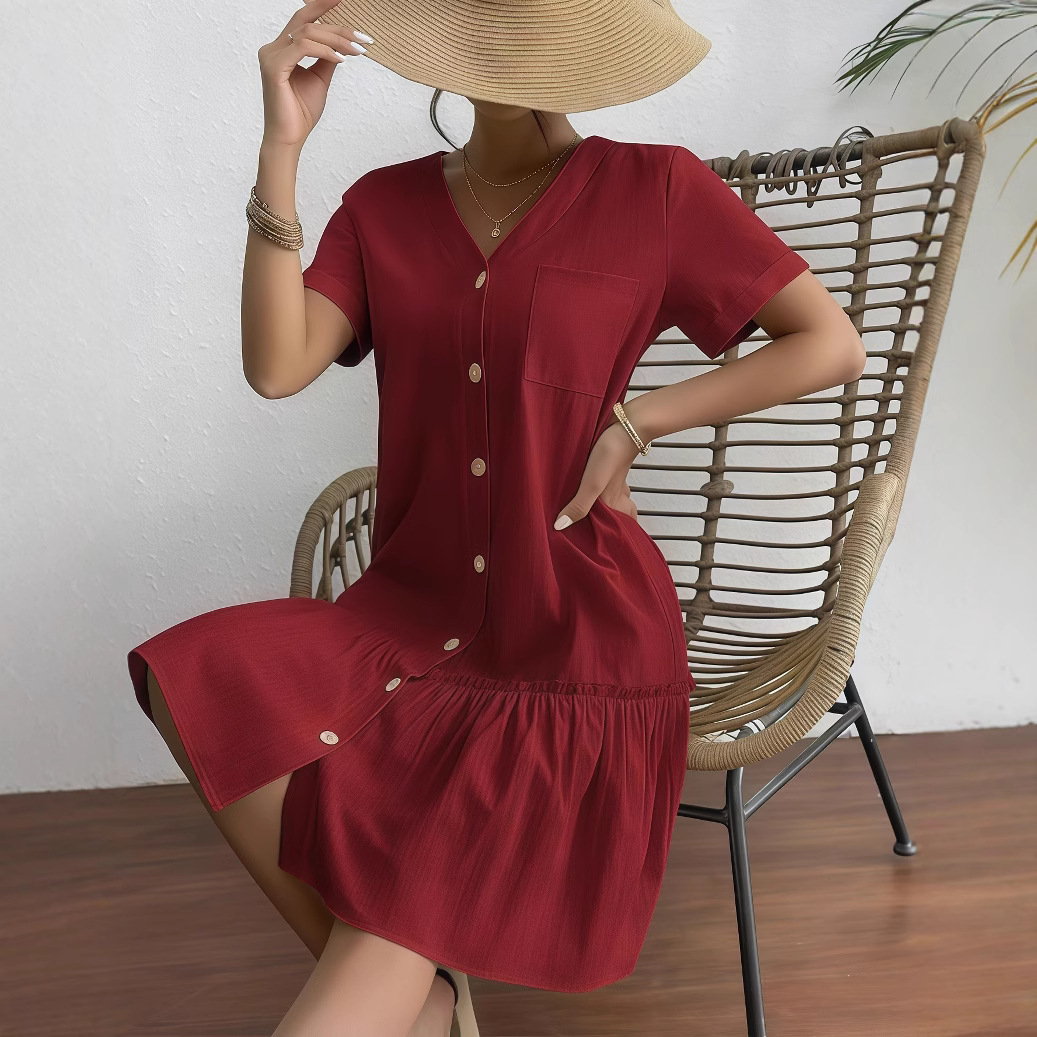 Women's Button-Front Cotton-Linen Midi Dress with Ruffle Hem and Short Sleeves