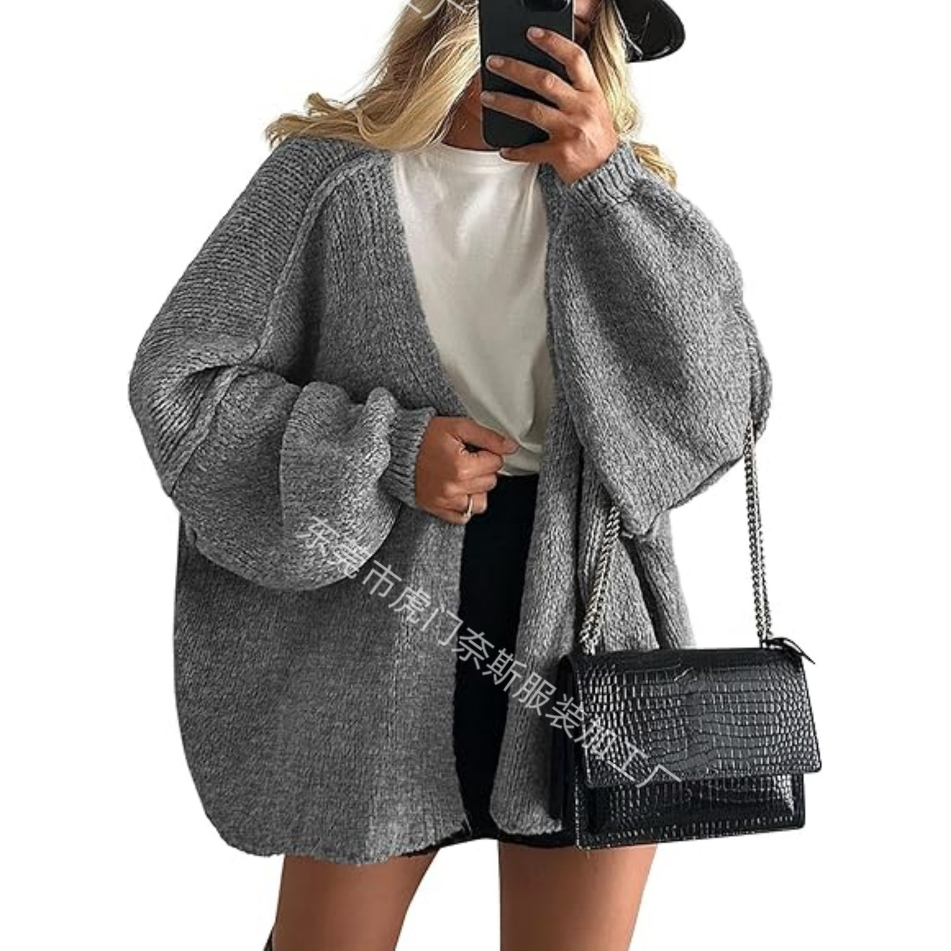 Women's Knit Cardigan Sweater Loose Crew Neck Three-Quarter Sleeve