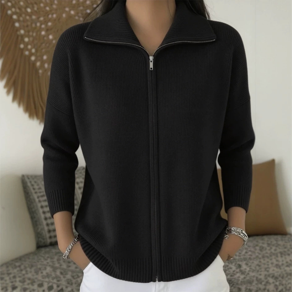 Women's Zip-Up Knit Cardigan with Collar, Solid Color, Relaxed Fit
