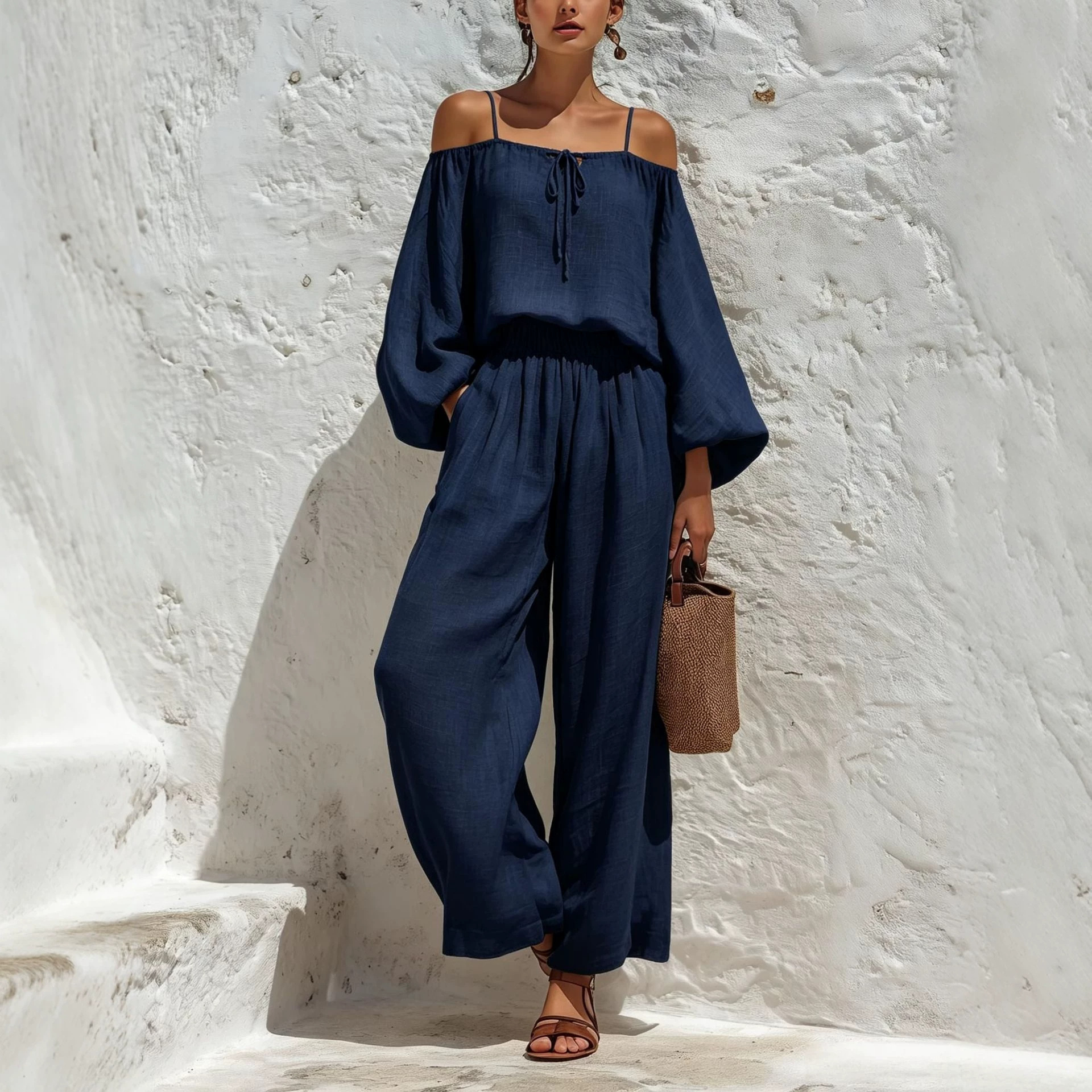 Off-Shoulder Long-Sleeve Top & Wide-Leg Pants Two-Piece Set