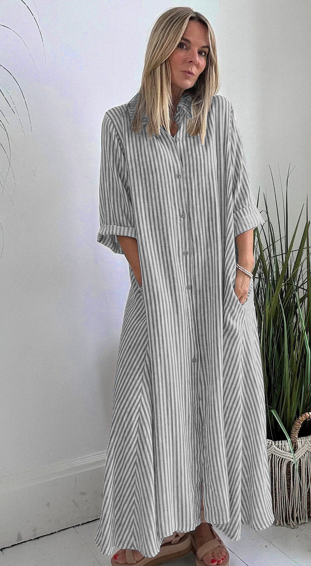 Striped Collared Midi Dress with Three-Quarter Sleeves and Button Front