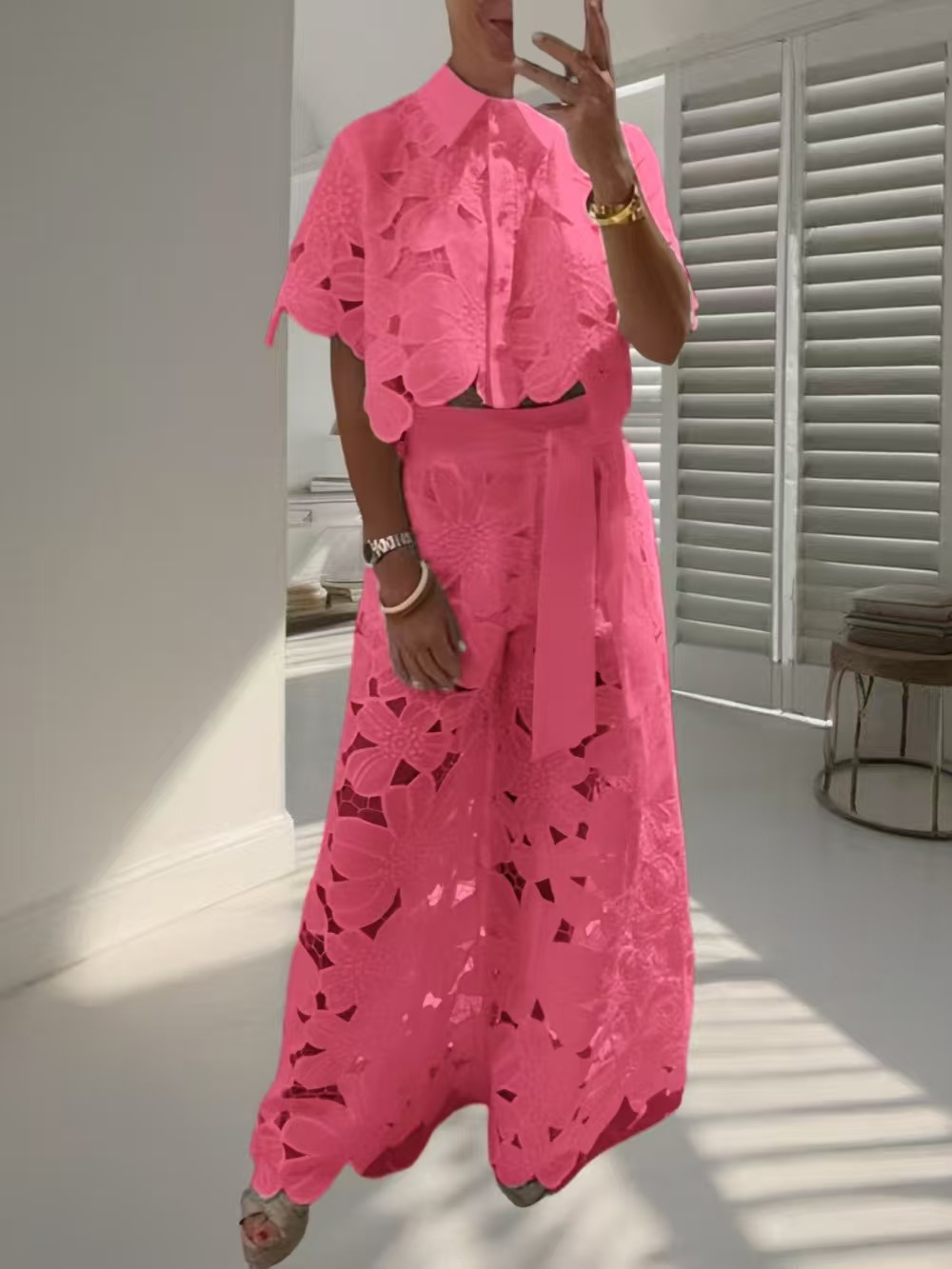 Women's Solid Color Cutout Cardigan and Wide-Leg Pants Two-Piece Set