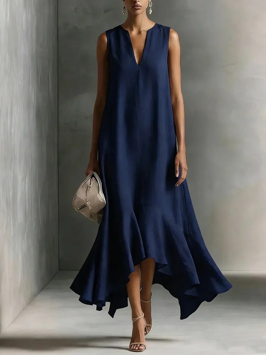 V-Neck Sleeveless Solid Color Asymmetrical Hem Long Dress