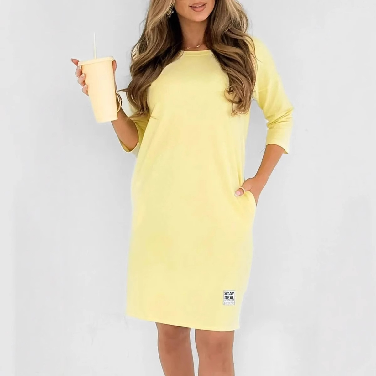 Women's Solid Crewneck Long Sleeve Loose Casual Midi Dress