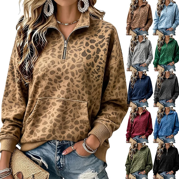 Leopard Polka Dot Print Half-Zip Stand Collar Hoodie