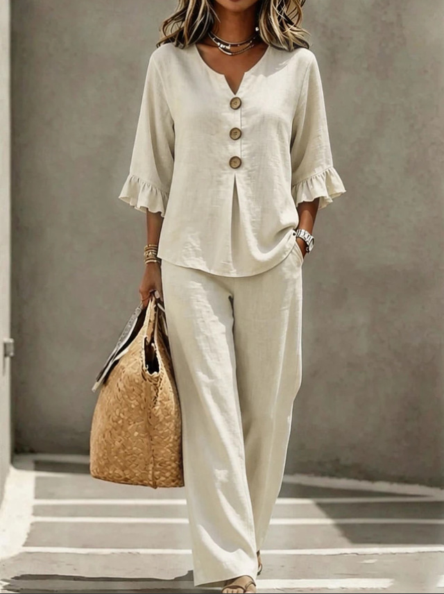 Women's V-Neck Ruffle Button 3/4 Sleeve Top and Pants Set